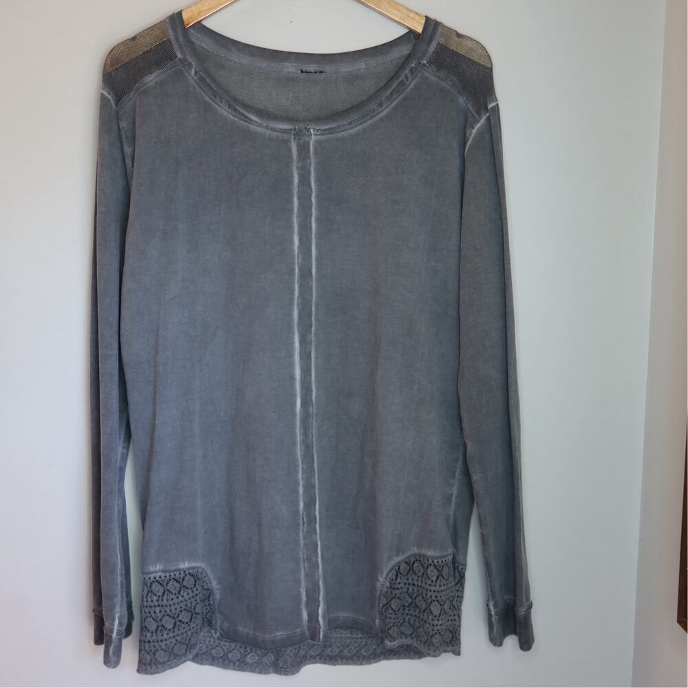 Vintage Gray Mineral Wash Lace Trim Grunge Top L